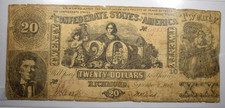 1861 $20 CSA CONFEDERATE STATES OF AMERICA T-20 ~ HONEST WEAR VG/FINE!