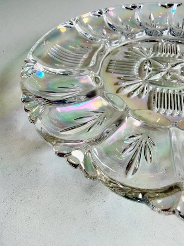 Vintage Federal Glass Borealis Deviled Egg Plate Iridescent Aura 1950s Serveware