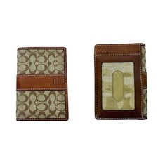 Coach Bifold Monogram Wallet ID Cardholder Canvas w Leather Trim Brown