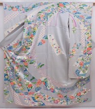 6002T12z1060 Japanese Kimono Silk FURISODE Tabane-noshi Light gray