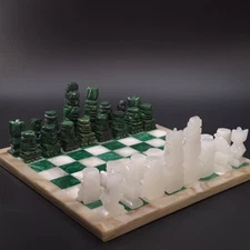 Vintage Green White Onyx Stone Carved Chess Board Set Mexico