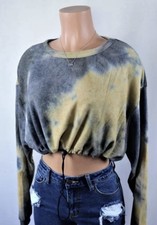 Women's L Yellow/Gray Tie-Dye Crew Neck Drawstring Pullover Sweatshirt