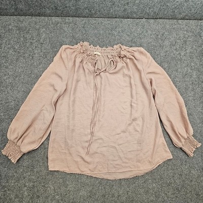Blushing Heart Blouse Womens Large Pink Smocked Neck Tie Front Boho Retro Chic