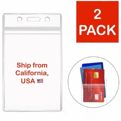 2 Pack - Vertical Clear Soft ID Badge Holder Sleeve Waterproof Resealable Office