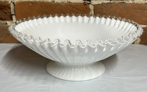 Vintage Fenton Silver Crest Milk Glass #5823 Footed Ribbed Crimped Bowl 10.5"