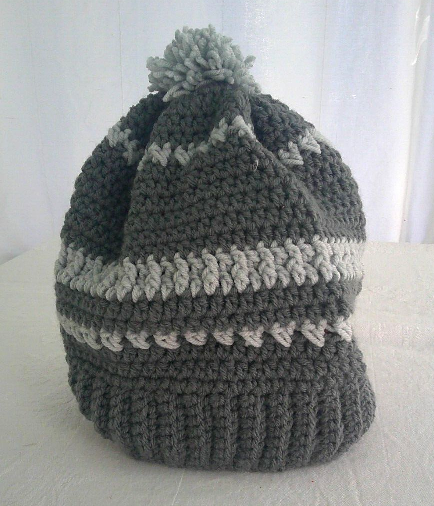 Gray Crocheted Beanie Hat with Pom Pom - Acrylic Cotton Blend Handmade Winter Accessory-image