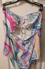  Mynah Womens XL One Piece Swim Tan Bathing Suit Multi-Color Tropical Beach NEW