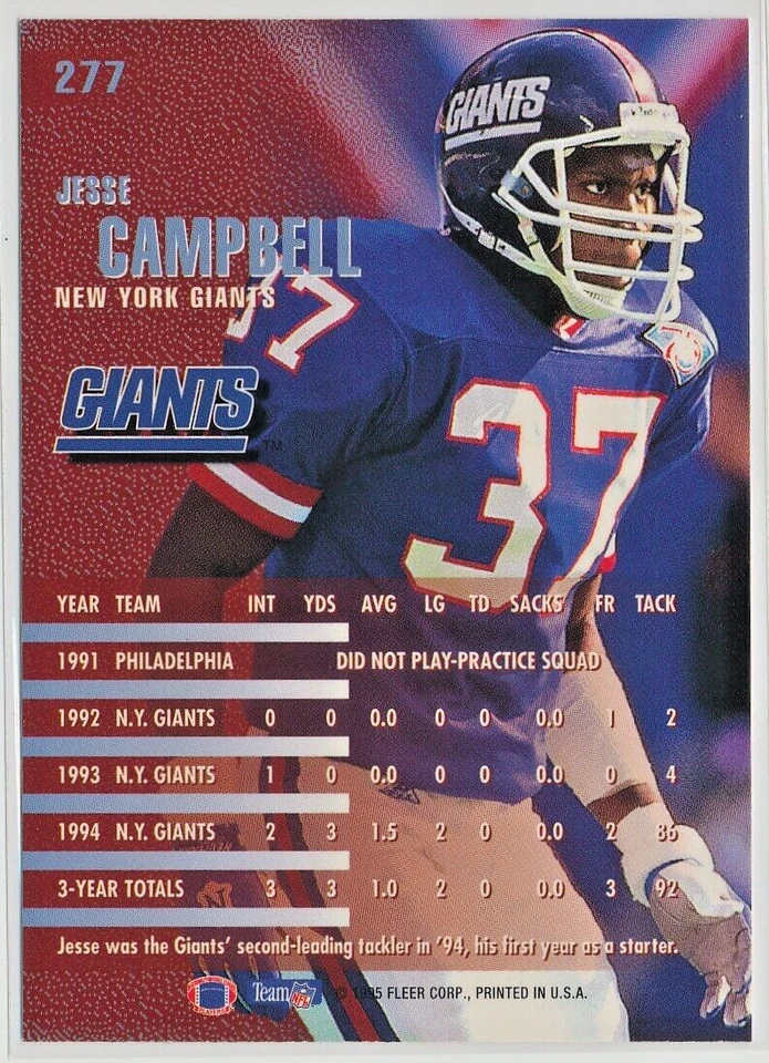 1995 Fleer Football - Jesse Campbell - New York Giants - Base - #277 - Image 2 of 2