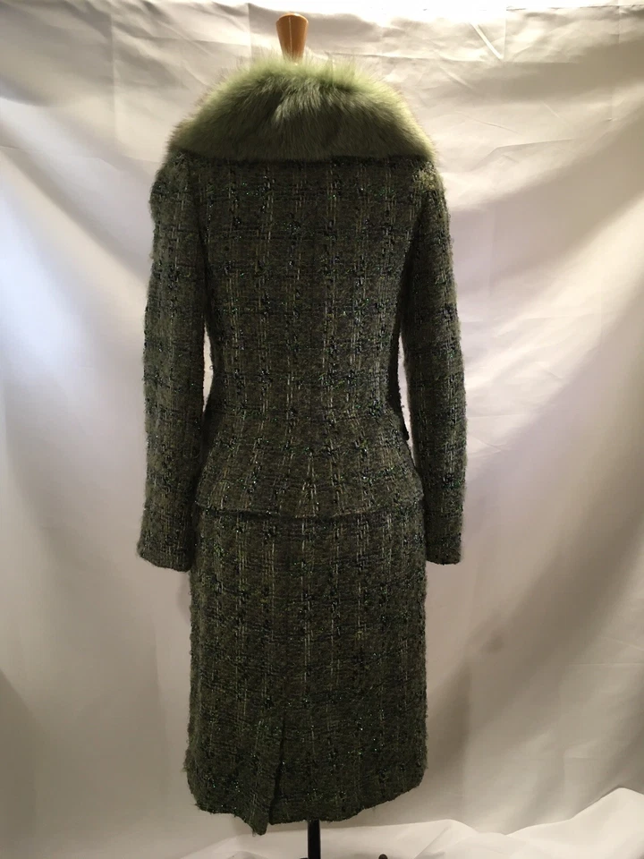 Teri Jon Green tweed skirt suit with fur collar metallic thread size 6 - Image 4 of 4
