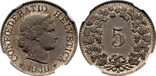 1930 Switzerland 5 Rappen NGC MS 63