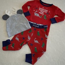 Cat Jack Size 12 Mo Dinosaur Themed 2 Pc Christmas Pajamas with Antler Hat