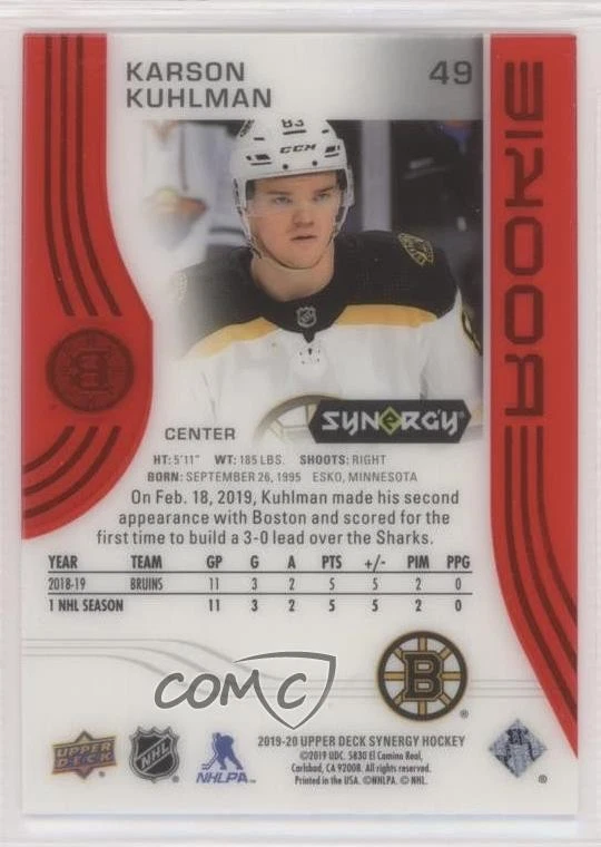 2019-20 Upper Deck Synergy Rookies Red Tier 1 Karson Kuhlman #49 Rookie RC - Image 2 of 2