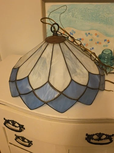 Vintage Blue/White Stained Glass Pendant Light in Tiffany Style, 16.5 Diameter