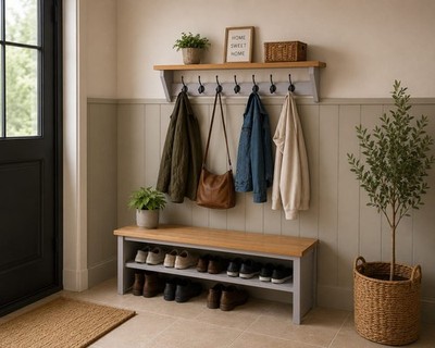 Garderobe + Regal schwebend rustikal Handarbeit Wandmontage schwarz Doppelhaken