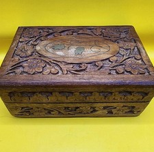 VIntage Hand Carved Wooden Floral Jewelry Box India 5.75x3.75" Trinket