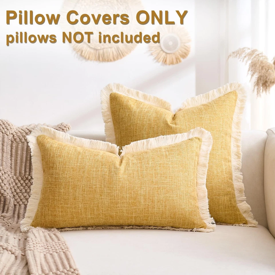 2-Pack Boho Lumbar Pillow Covers 12x20", Mustard Yellow, Fringe Tassels - Image 3 of 4