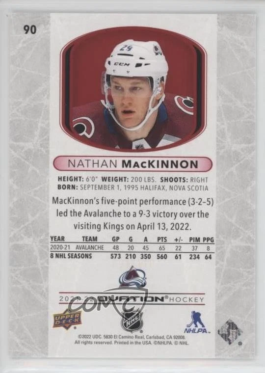 2021-22 Upper Deck Ovation Red Standing Ovation /100 Nathan MacKinnon #90 - Image 2 of 2