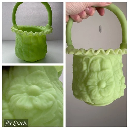 Vintage Large 10” Fenton Uranium Custard Satin Ruffled edge Poppy Basket