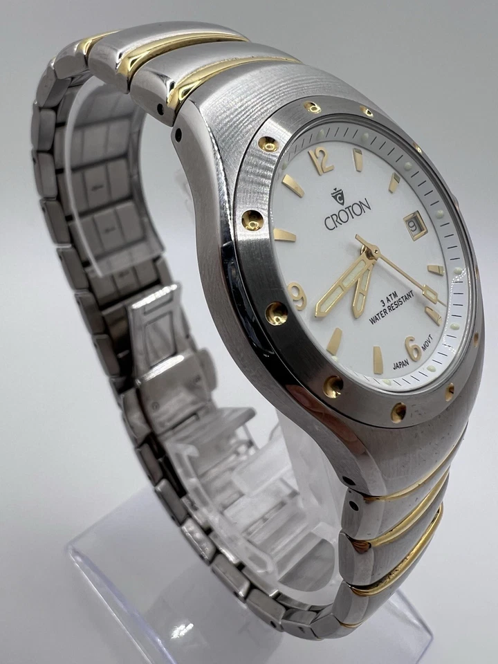 Reloj diario de cuarzo crotón dorado plateado de dos tonos de acero inoxidable para hombre con caja Foto 2 de 4