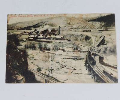 Golden Reward Mills Deadwood Mine Lawrence Co, SD Postcard w Railroad Train Rare