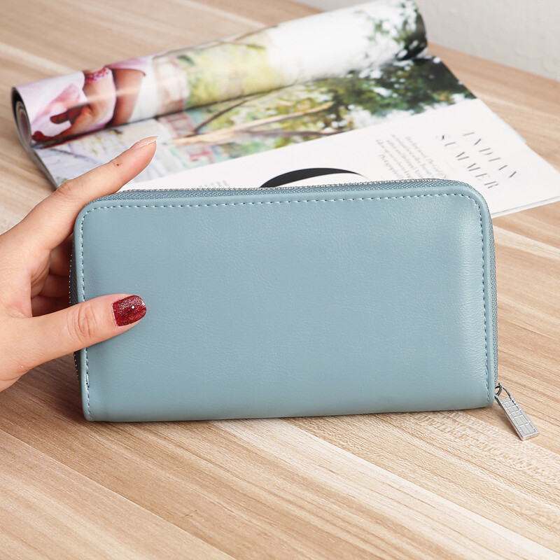 Women's Long Leather Wallet With RFID Blocking - Zipper Coin Pocket, Light Blue PU Clutch Purse