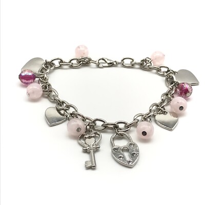 Ladies Pink Glass Beaded Silver Tone Heart Charm Bracelet 7''