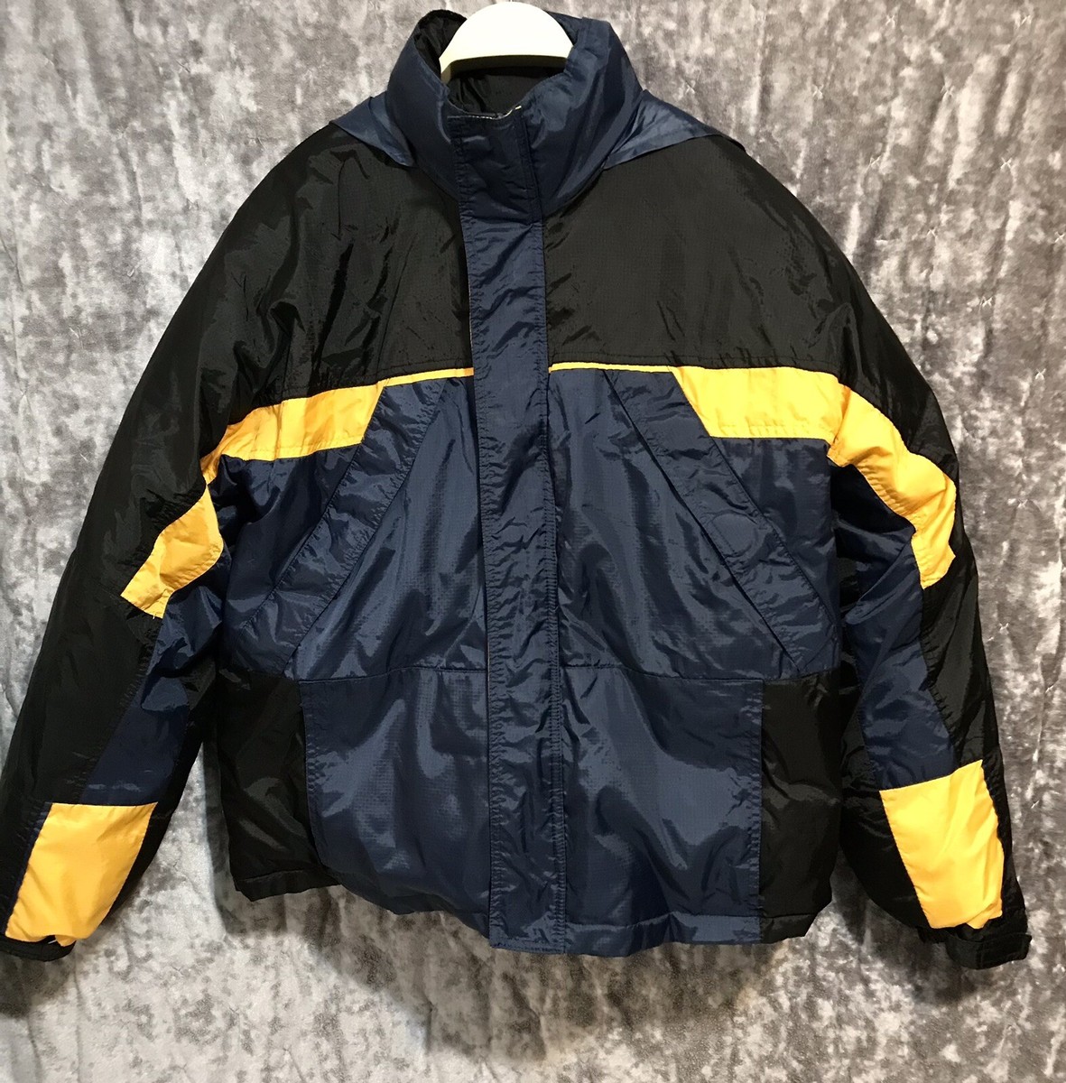 Double Down Puffer Jacket Blue Black Zipper Pockets Hooded by