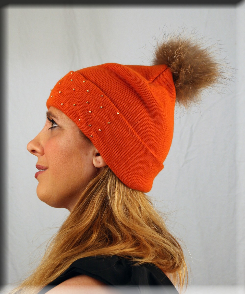 New Beaded Orange Beanie Hat Crystal Fox Fur Pom Pom - One  display picture 1
