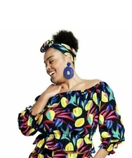 Tabitha Brown for Target Women's Lemon Print Bardot Top - Black Size XXS NWT