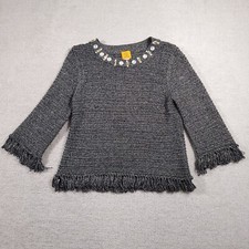 Ruby Rd Sweater Heavy Fringe Trim Acrylic Blend Sweater Women's Large Gray Jewel