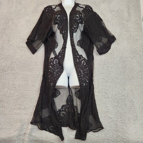 Boho Open Front Duster Cardigan Size L Embroidered Lace Mesh Cover Up - Picture 2 of 28