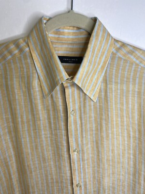 Equilibrio Men s Stripe Linen Shirt Button Down Long Sleeve Size Large Peach