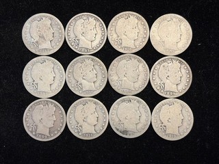 Twelve (12) 1897 1916 U.S. Barber 90% Silver Quarters; Good Condition (L260)