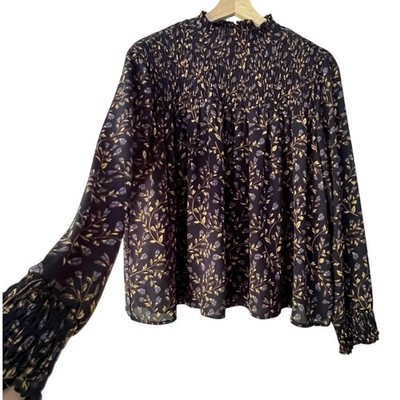 Finn & Grace Purple Long Sleeve Floral Smocked Blouse Size Small