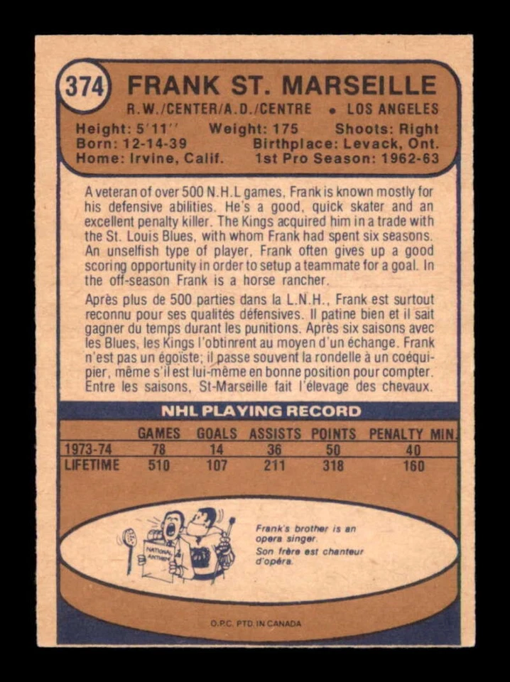 1974 O-Pee-Chee NHL #374 Frank St.Marseille   EX/EX+ X3591726 - Image 2 of 3