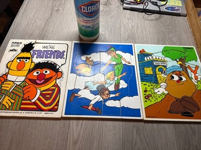 LOT OF 3 VINTAGE PLAYSKOOL SESAME STREET WOODEN PUZZLES Peter Pan Potatoe Head