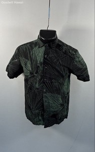 Kahala Men's Black Green Abstract Palm Leaf Print Aloha Shirt Rayon Blend Sz XS