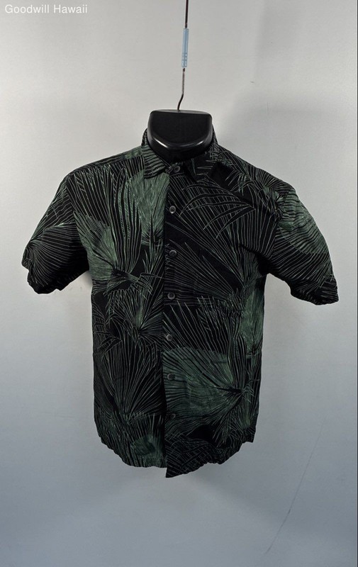 Kahala Men's Black Green Abstract Palm Leaf Print Aloha Shirt Rayon Blend Sz XS
