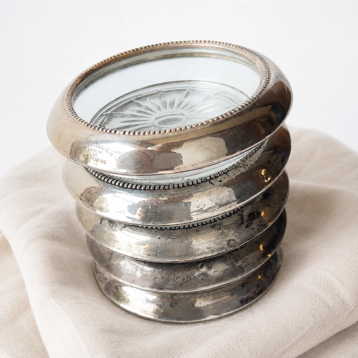 【Frank M. Whiting】 パール グラスコースター【純銀/ガラス】 Frank M. Whiting Antique US Sterling Silver Dishes & Coasters for