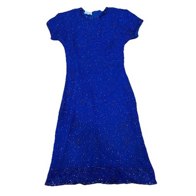 100% Silk Royal Blue Fully Beaded Minidress Cocktail Wedding Party