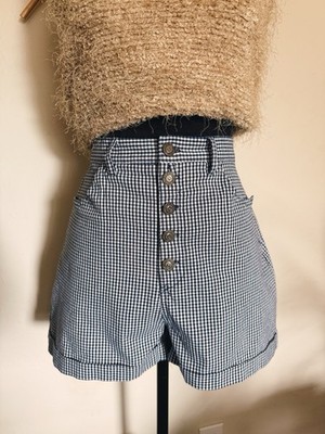Vintage 1990s Express Navy & White Gingham Button Crotch Shorts Size 9/10