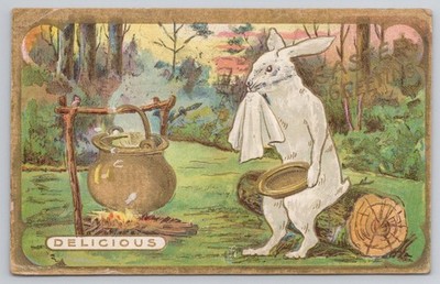 1910 Easter Greetings Postcard Anthropomorphic Rabbit Cooking DELICIOUS Forest