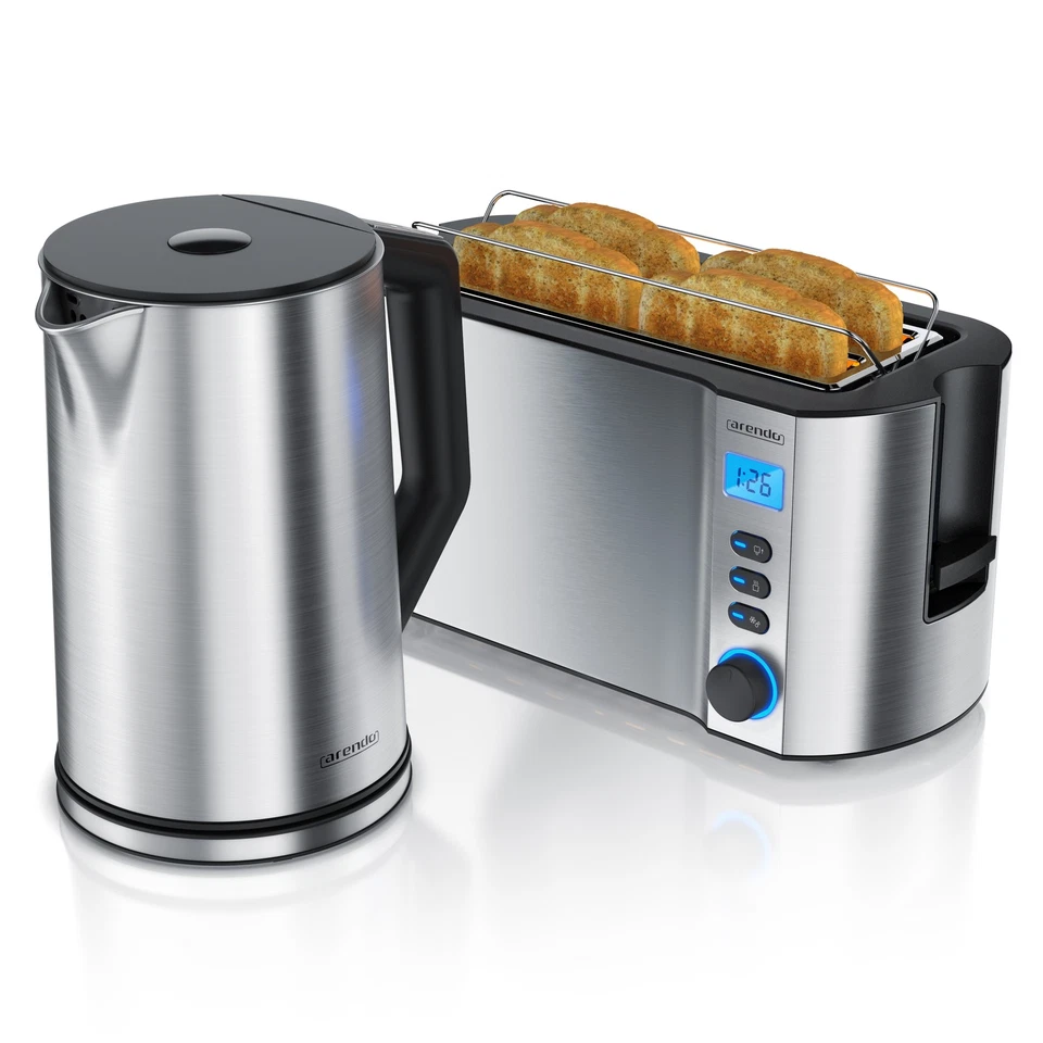 Arendo 1x Wasserkocher, 1,5L, Edelstahl + 1x Toaster, 4 Scheiben, Edelstahl