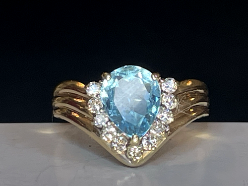 14K GOLD BLUE TOPAZ & DIAMOND RING NATURAL GEMSTONE SIGNED - Picture 1 of 16