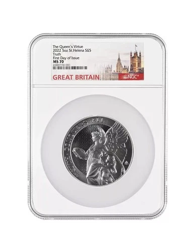 2022 U.K. 5 Pound St. Helena Silver Queen’s Virtues Truth .999 5 oz NGC MS70 ...