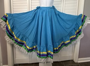 Kid Large Or Small Adult Folklorico Half Cirlce Skirt Mexican Blue With Ribbon
