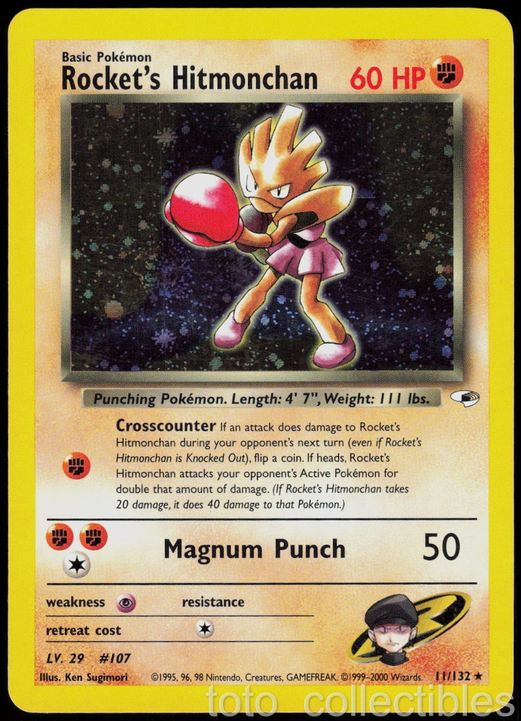 Rocket's Hitmonchan 11/132 Rare Gym Heroes Pokemon Unlimited Holo Lightly Played