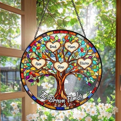Personalized Family Tree Suncatcher Gift, Custom Names Stained Glass Window Hang