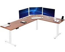 VIVO Dark Walnut / White Electric 84" x 63" Corner Desk, L-Shaped Workstation