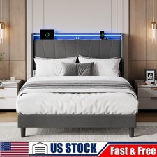 Full Queen Size Upholstered Platform Bed Frame with LED Lights Charging Station